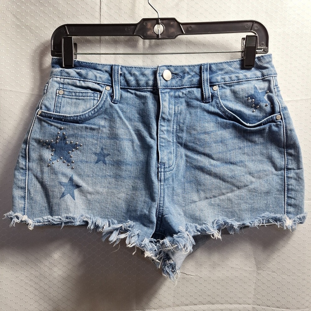 DESIGN LAB Mid-Rise Cut Off Denim Short Sz 28 Blue Stars Studs July 4th Sexy USA